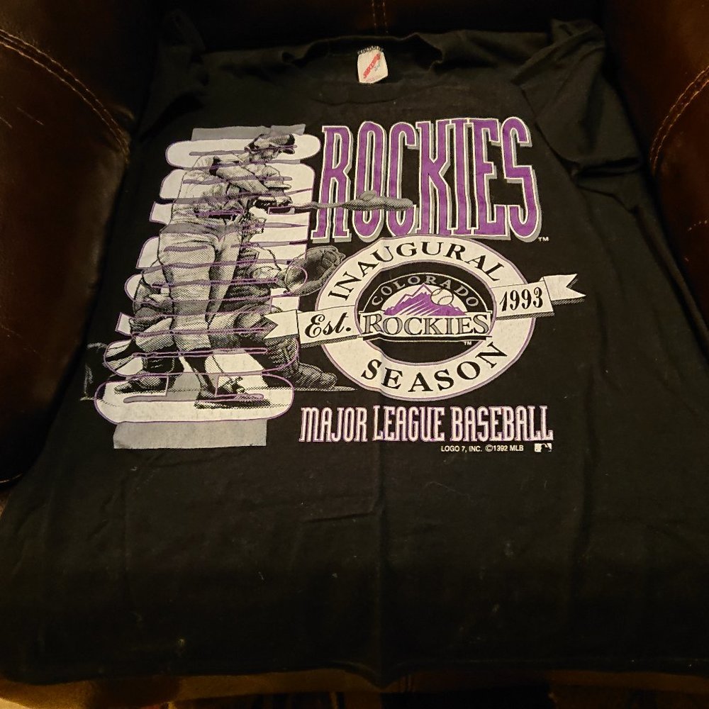 Ultra super rare Colorado Rockies Inaugural Year black L t shirt, used w damage